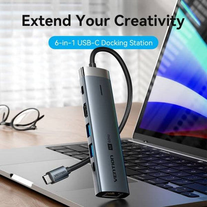 Vention Docking Station 6 in 1 USB-C a HDMI/3xUSB3.0/USB-C 3.2 G1/RJ45/PD 100W - 0.15m - Colore Grigio
