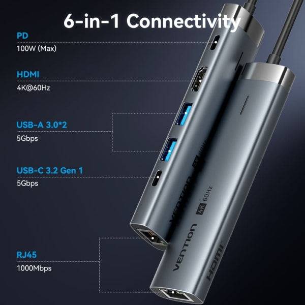 Vention Docking Station 6 in 1 USB-C a HDMI/3xUSB3.0/USB-C 3.2 G1/RJ45/PD 100W - 0.15m - Colore Grigio