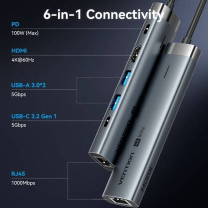 Vention Docking Station 6 in 1 USB-C a HDMI/3xUSB3.0/USB-C 3.2 G1/RJ45/PD 100W - 0.15m - Colore Grigio