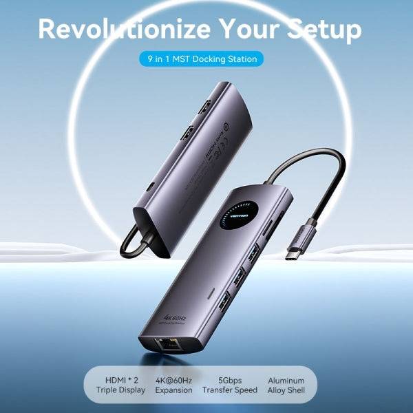 Vention Docking Station 9 in 1 USB-C a 2xHDMI/2xUSB3.0/USB 2.0/RJ45/SD/TF/PD 100W - 0.15m - Colore Grigio