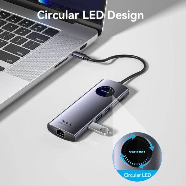 Vention Docking Station 9 in 1 USB-C a 2xHDMI/2xUSB3.0/USB 2.0/RJ45/SD/TF/PD 100W - 0.15m - Colore Grigio