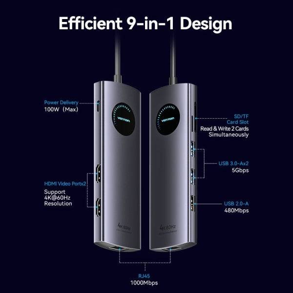 Vention Docking Station 9 in 1 USB-C a 2xHDMI/2xUSB3.0/USB 2.0/RJ45/SD/TF/PD 100W - 0.15m - Colore Grigio