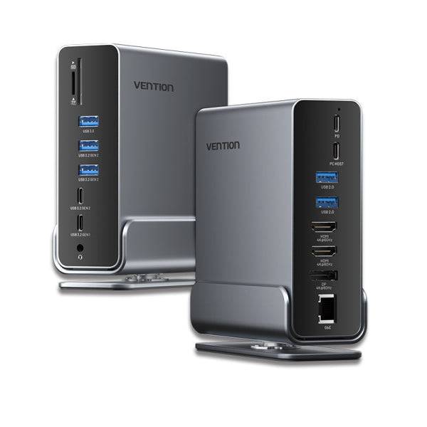 Vention Docking Station 15 in 1 USB-C a DisplayPort/2xHDMI/USB-C 3.2 Gen2/USB-C 3.2 Gen1/2xUSB 3.2 Gen2/USB3.0/2xUSB2.0/RJ45/SD/TF/3.5mm TRRS/PD 100W - Colore Grigio