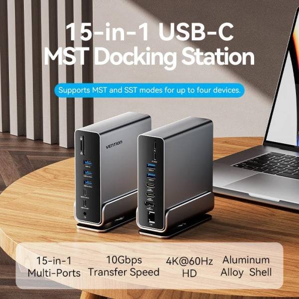 Vention Docking Station 15 in 1 USB-C a DisplayPort/2xHDMI/USB-C 3.2 Gen2/USB-C 3.2 Gen1/2xUSB 3.2 Gen2/USB3.0/2xUSB2.0/RJ45/SD/TF/3.5mm TRRS/PD 100W - Colore Grigio