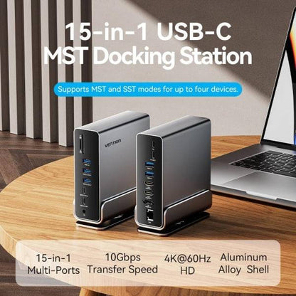 Vention Docking Station 15 in 1 USB-C a DisplayPort/2xHDMI/USB-C 3.2 Gen2/USB-C 3.2 Gen1/2xUSB 3.2 Gen2/USB3.0/2xUSB2.0/RJ45/SD/TF/3.5mm TRRS/PD 100W - Colore Grigio