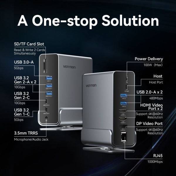 Vention Docking Station 15 in 1 USB-C a DisplayPort/2xHDMI/USB-C 3.2 Gen2/USB-C 3.2 Gen1/2xUSB 3.2 Gen2/USB3.0/2xUSB2.0/RJ45/SD/TF/3.5mm TRRS/PD 100W - Colore Grigio