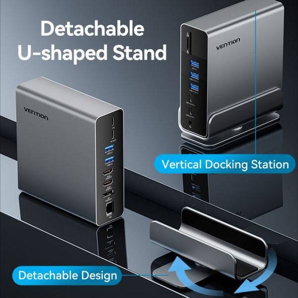Vention Docking Station 15 in 1 USB-C a DisplayPort/2xHDMI/USB-C 3.2 Gen2/USB-C 3.2 Gen1/2xUSB 3.2 Gen2/USB3.0/2xUSB2.0/RJ45/SD/TF/3.5mm TRRS/PD 100W - Colore Grigio