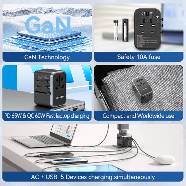 Vention Caricabatterie da Viaggio Universale GaN - 2xUSB-C, 2xUSB-A - 65W - Colore Nero