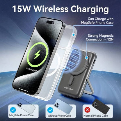 Vention Power Bank 1000mAh Magnetico Wireless - USB-C - Ricarica Rapida 20W - Colore Nero