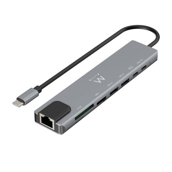 Ewent USB-C Dock 8 in 1 - HDMI 4K - PD 87W - USB-C - 2xUSB-A - LAN - Lettore di Schede - Colore Argento
