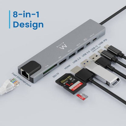 Ewent USB-C Dock 8 in 1 - HDMI 4K - PD 87W - USB-C - 2xUSB-A - LAN - Lettore di Schede - Colore Argento
