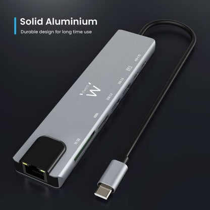 Ewent USB-C Dock 8 in 1 - HDMI 4K - PD 87W - USB-C - 2xUSB-A - LAN - Lettore di Schede - Colore Argento