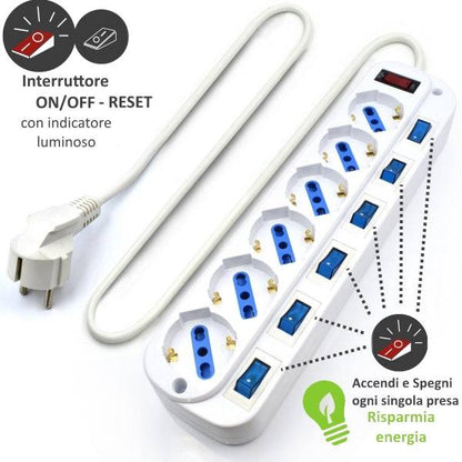 Ewent Ciabatta Elettrica - 6 Prese - Versione Schuko - 16A con Interruttore On/Off su Ogni Presa - Protezione da Sovratensioni - Cavo 5m - Colore Bianco