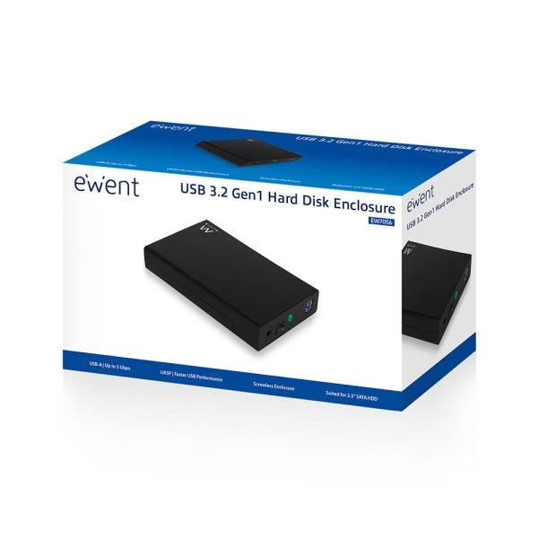 Ewent EW7056 Contenitore Esterno Disco Rigido SATA 3.5" - Senza Viti - USB 3.2 - Cavo 80cm - Nero