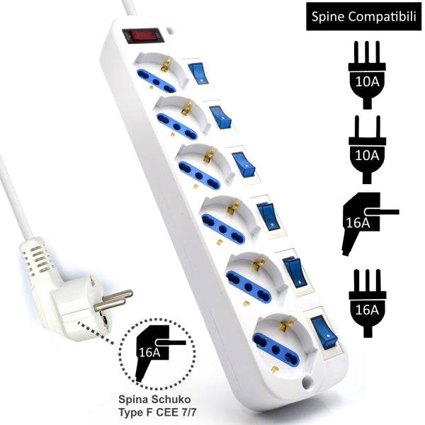 Ewent EW3932 Ciabatta 6 Prese - Protezione da Sovratensioni - Interruttori Individuali - Colore Bianco