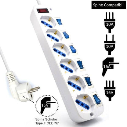 Ewent EW3932 Ciabatta 6 Prese - Protezione da Sovratensioni - Interruttori Individuali - Colore Bianco