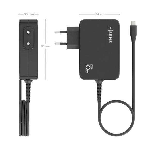 Aisens Caricabatterie Portatile GaN USB-C/PD 100W PD3.0 - Cavo 1,80m - Colore Nero
