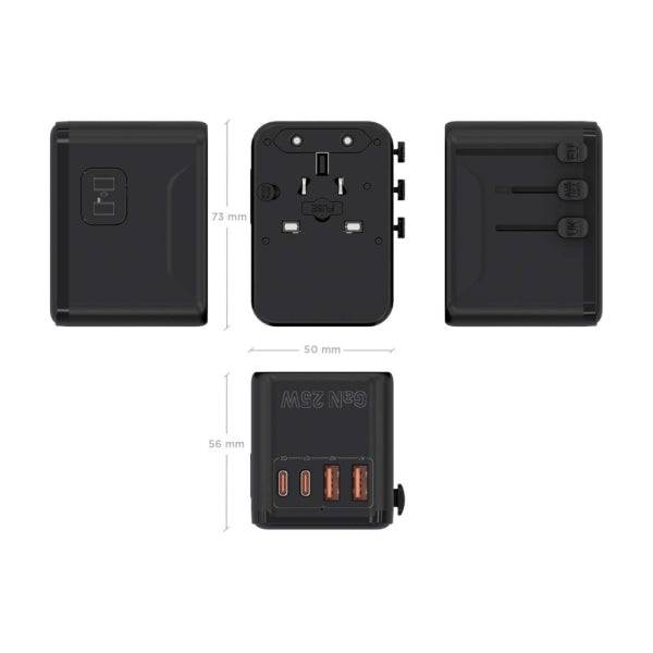Aisens Adattatore da Viaggio Universale GaN 25W - 2xUSB-A QC3.0, 2xUSB-C PD3.0 - Colore Nero