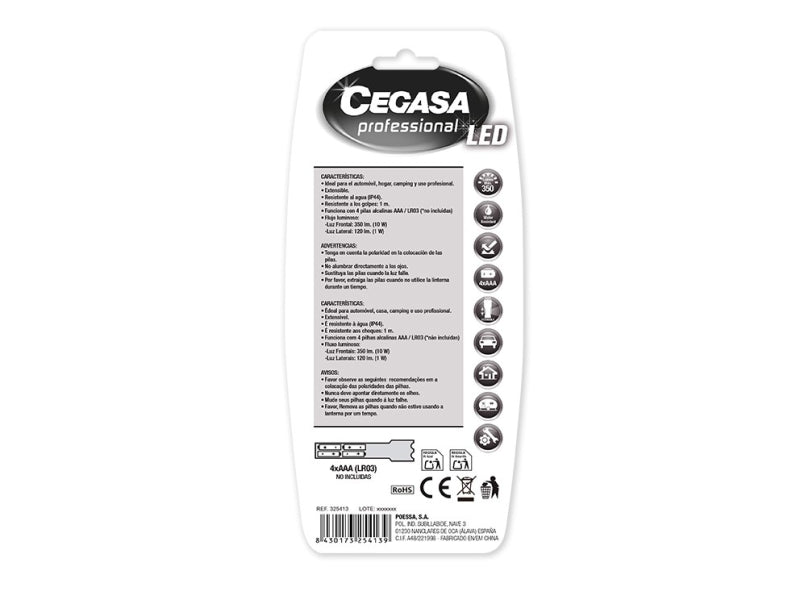 Cegasa Profesional Torcia LED Estensibile con Luce Frontale 350lm e Luce Laterale 120lm - Resistente all'Acqua IP44 - Funziona con 4 Pile AAA (Non Incluse)