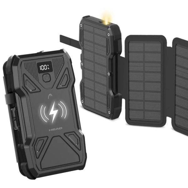 Head Powerbank Solare 10.000mAh 22.5W - Ricarica Solare con 5 Pannelli - Con Power Delivery, Ricarica Simultanea, Ricarica Wireless - Schermo LCD e Torcia - Colore Nero