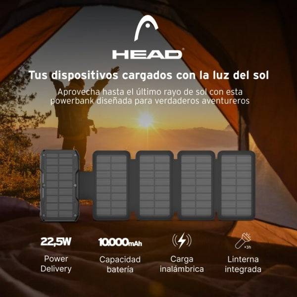 Head Powerbank Solare 10.000mAh 22.5W - Ricarica Solare con 5 Pannelli - Con Power Delivery, Ricarica Simultanea, Ricarica Wireless - Schermo LCD e Torcia - Colore Nero