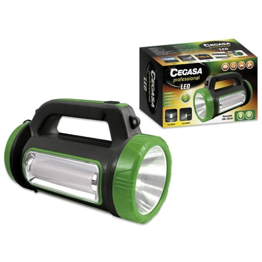 Cegasa Profesional Torcia Multifunzione LED - 5 Modalità di Illuminazione - Batteria 1800mAh - Alimentazione Solare e USB - Colore Nero/Verde