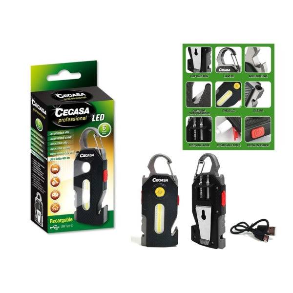 Cegasa Profesional Linterna Supervivencia COB+1 LED hasta 400lm - Autonomia hasta 1.5h - Bateria 300mAh USB-C - Colore Nero
