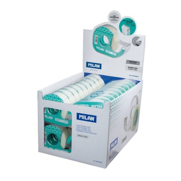 Milan Espositore di 36 Nastri Adesivi Invisibili con Dispenser - Misure 19mm x 33m - Colore Trasparente Opaco