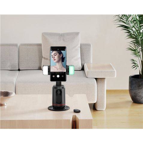 XO SS16LED Supporto da Scrivania per Smartphone - Inseguimento e Riconoscimento Facciale - Motorizzato 360º - Illuminazione LED - Controllo Gestuale - Bluetooth - Colore Nero