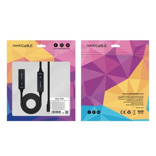 Nanocable Cavo Prolunga USB-C 3.2 Maschio a USB-C 3.2 Femmina - 10 Metri - Amplificatore - Colore Nero