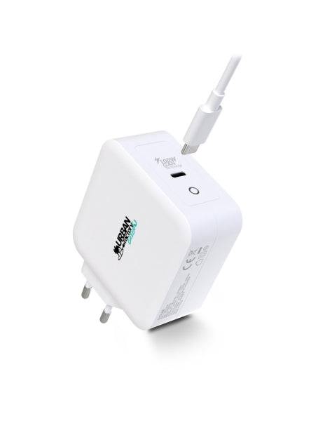 Urban Factory Cyclee Caricabatterie da Parete USB-C GaN 100W - Design Ecologico - Cavo USB-C/USB-C 2m - Colore Bianco