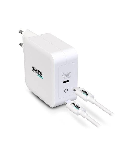 Urban Factory Cyclee Caricabatterie da Parete USB-C GaN 100W - Design Ecologico - Cavo USB-C/USB-C 2m - Colore Bianco