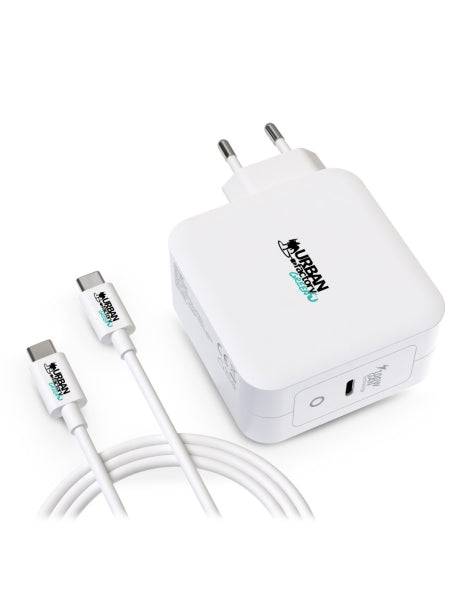 Urban Factory Cyclee Caricabatterie da Parete USB-C GaN 100W - Design Ecologico - Cavo USB-C/USB-C 2m - Colore Bianco