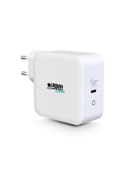 Urban Factory Cyclee Caricabatterie da Parete USB-C GaN 100W - Design Ecologico - Cavo USB-C/USB-C 2m - Colore Bianco