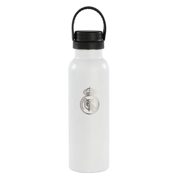 Safta Real Madrid 1ª Equipazione 24/25 Bottiglia Riutilizzabile 600ml - Doppia Parete con Isolamento - Base in Silicone - Mantiene la Temperatura 12h Calda / 24h Calda - 25x7.3x7.3cm - Colore Bianco/Nero
