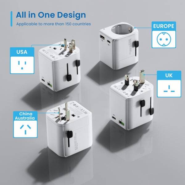 Ewent EW1472 Caricatore da Viaggio Universale - 1xUSB-C, 2xUSB - 15W - USA, UK, AUS, Cina - Colore Bianco