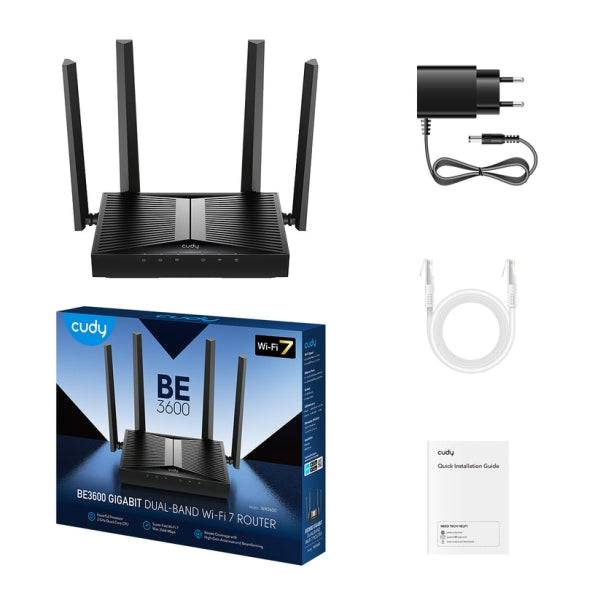 Cudy Router WiFi 7 Dual Band Gigabit BE3600 - Velocità fino a 1000Mbps - 5 Porte - 4 Antenne Fisse 5dBi - Tecnologia MU-MIMO - Colore Nero