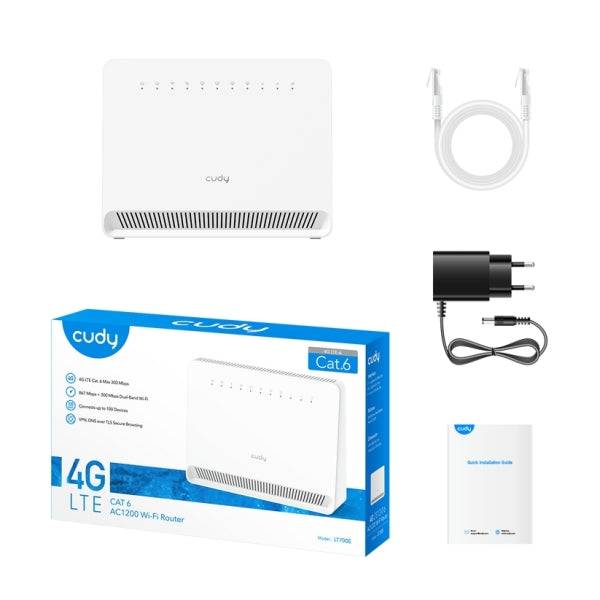 Cudy Router Gigabit WiFi 4G LTE Cat 6 AC1200 - Velocità fino a 1000Mbps - 4 Porte - Antenne Interne - 1 Slot Nano SIM - Cat 6 - Bianco