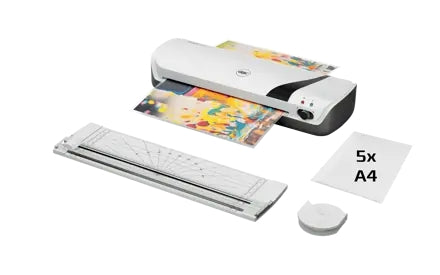 GBC Inspire+ A4 Set Plastificatrice + Tagliacantoni + Tagliacarta + Confezione 5 Buste Plastificazione A4 - fino a Misura A4 - Velocità 250mm/min - Riscaldamento in 4 Minuti - Regolazione Freddo Aggiuntiva - Spessore Busta 75 e 125mic