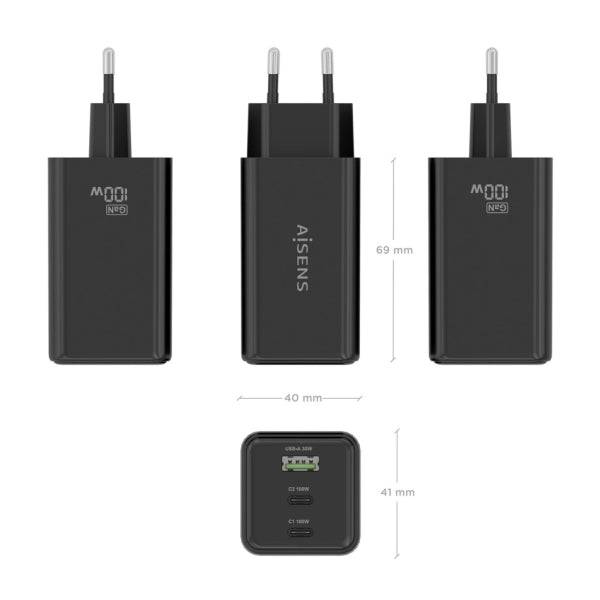 Aisens Caricabatterie GAN 100W - 2xUSB-C PD3.0, QC4.0, QC5.0 - 1xUSB-A QC3.0 - Colore Nero