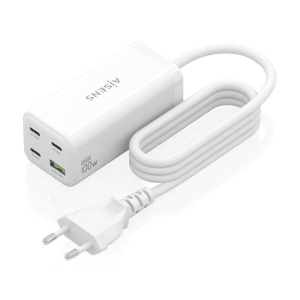 Aisens Caricabatterie GAN 100W - 3xUSB-C PD3.0, QC4.0, QC5.0 - 1xUSB-A QC3.0 - Cavo 1.4 Metri