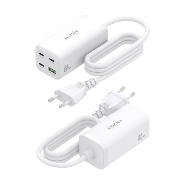 Aisens Caricabatterie GAN 100W - 3xUSB-C PD3.0, QC4.0, QC5.0 - 1xUSB-A QC3.0 - Cavo 1.4 Metri