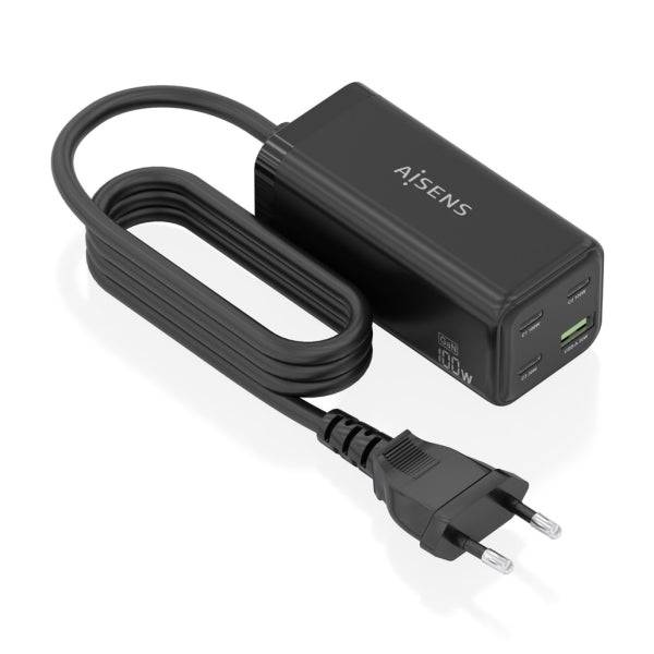 Aisens Caricabatterie GAN 100W - 3xUSB-C PD3.0, QC4.0, QC5.0 - 1xUSB-A QC3.0 - Cavo 1.4 Metri