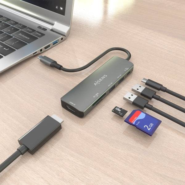 Aisens USB-C Dock 6 in 1 - USB-C a 1xHDMI - 2xUSB-A - 1xUSB-C PD 100W - 1xSD - 1xMicroSD - 15cm - Colore Grigio