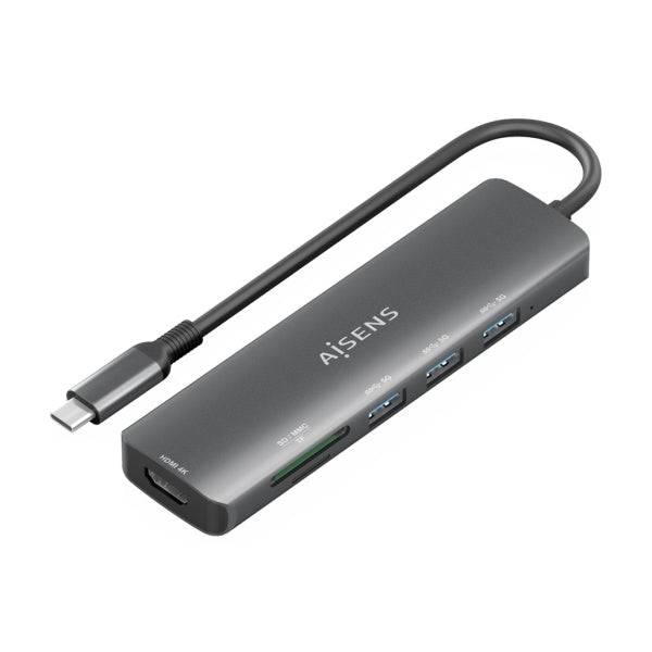 Aisens USB-C Dock 6 in 1 - USB-C a 1xHDMI - 3xUSB-A - 1xSD - 1xMicroSD - 15cm - Colore Grigio