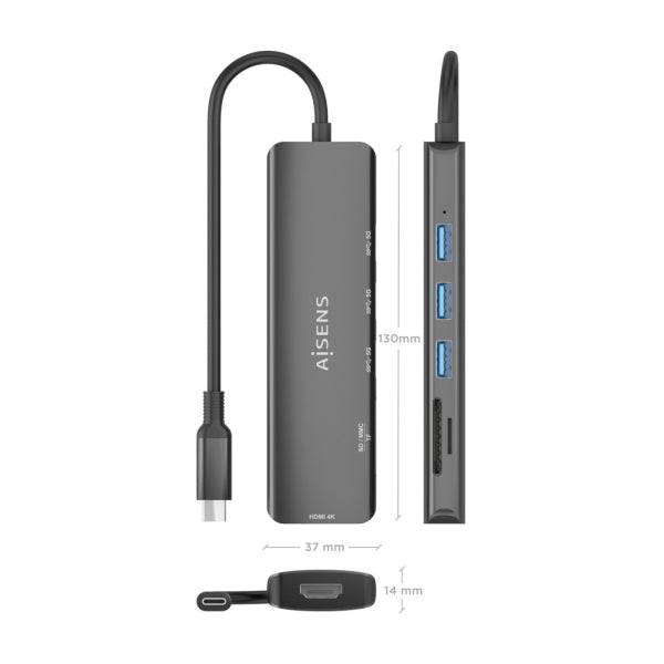 Aisens USB-C Dock 6 in 1 - USB-C a 1xHDMI - 3xUSB-A - 1xSD - 1xMicroSD - 15cm - Colore Grigio