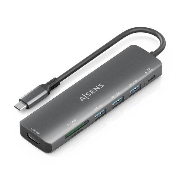 Aisens USB-C Dock 7 in 1 - USB-C a 1xHDMI - 3xUSB-A - 1xUSB-C 100W - 1xSD - 1xMicroSD - 15cm - Colore Grigio