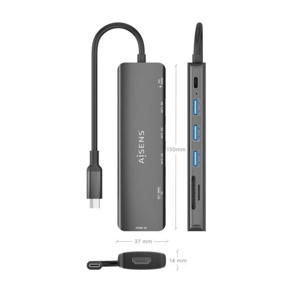 Aisens USB-C Dock 7 in 1 - USB-C a 1xHDMI - 3xUSB-A - 1xUSB-C 100W - 1xSD - 1xMicroSD - 15cm - Colore Grigio