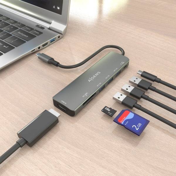 Aisens USB-C Dock 7 in 1 - USB-C a 1xHDMI - 3xUSB-A - 1xUSB-C 100W - 1xSD - 1xMicroSD - 15cm - Colore Grigio