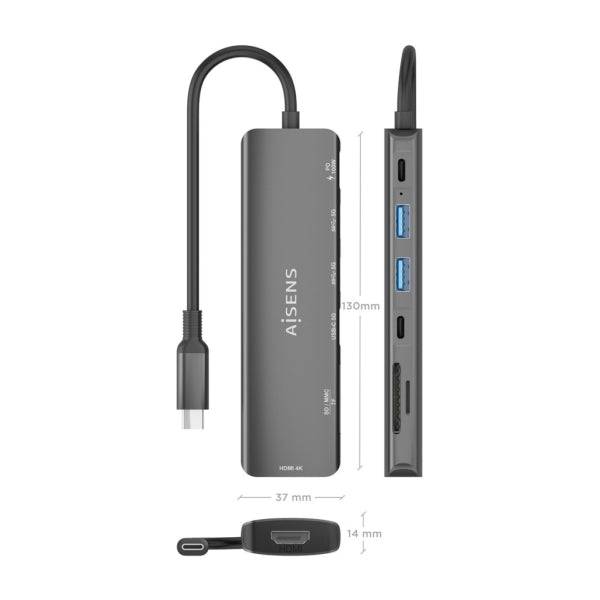 Aisens Hub USB-C 7 in 1 - USB-C a 1xHDMI - 2xUSB-A - 1xUSB-C - 1xUSB-C 100W - 1xSD - 1xMicroSD - 15cm - Colore Grigio